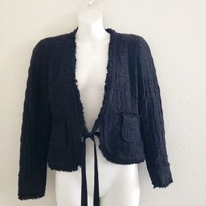 Zara Black Textured Blazer with Ribbon Tie